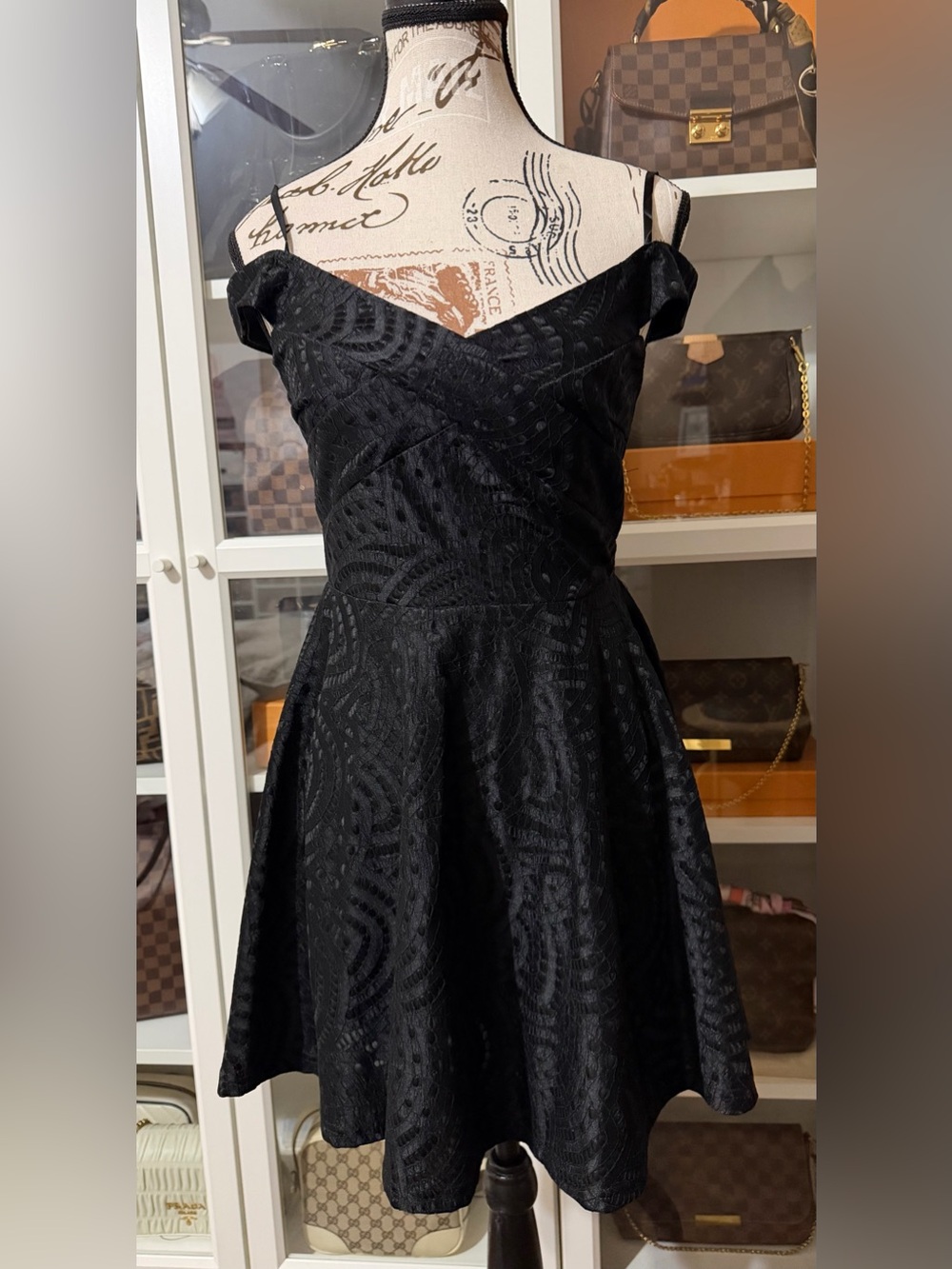 Trac Black Off-Shoulder Fit & Flare Mini Dress with Subtle Jacquard